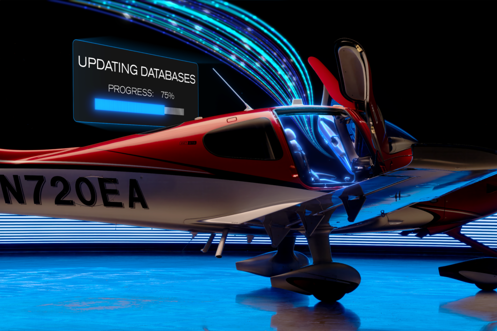 Red aircraft with glowing data update screen