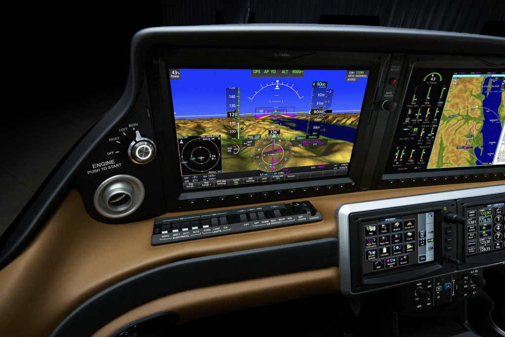 Aircraft cockpit with glass avionics displays